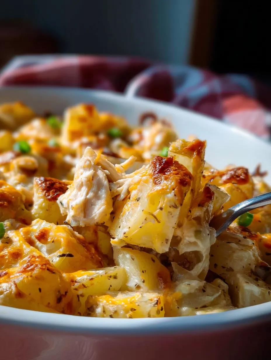 Weiße Schüssel voll mit leckerem, üppigem Kartoffel-Ranch-Hähnchen-Auflauf.