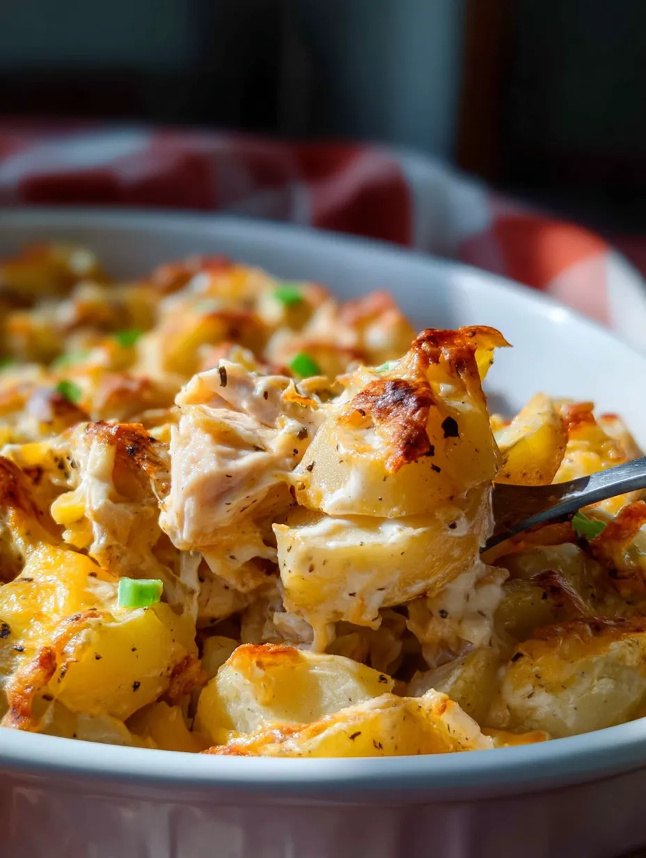 Eine weiße Schüssel voll mit einem üppig belegten Kartoffel-Ranch-Hähnchen-Auflauf.