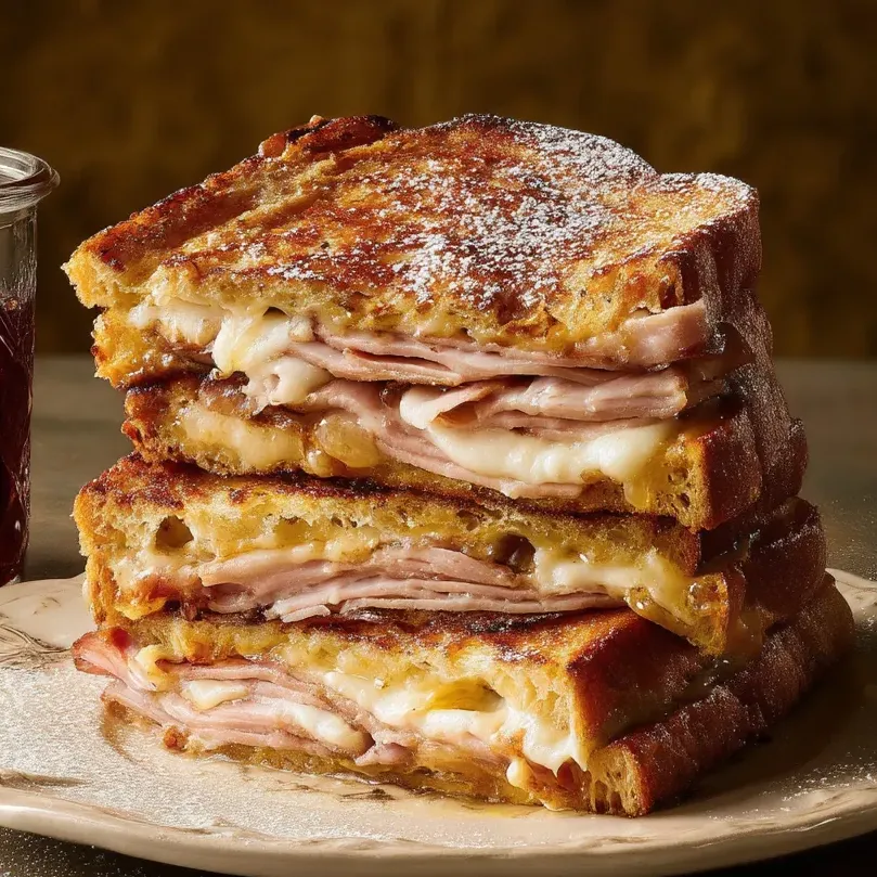 Ein Stapel Monte Cristo Sandwiches.