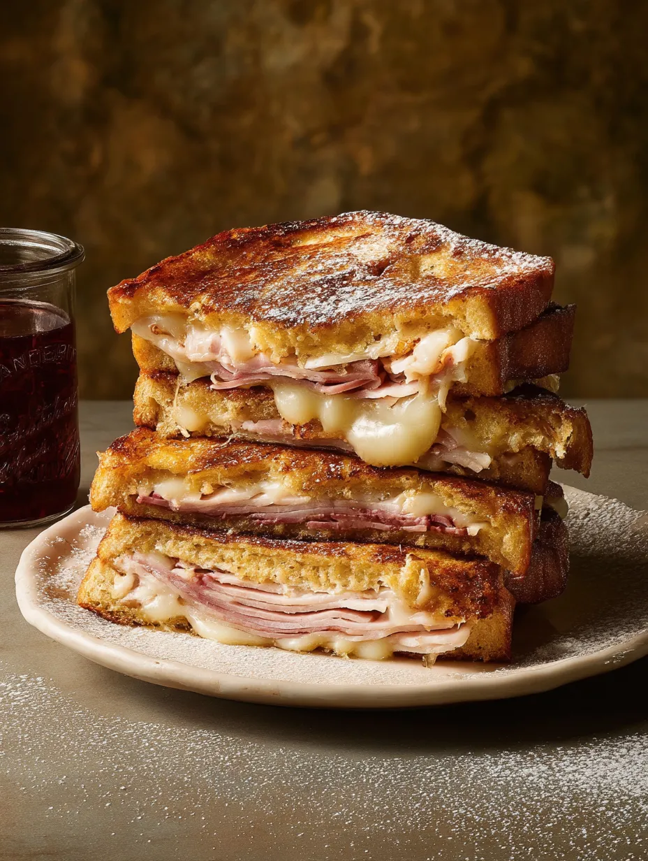 Ein Stapel Monte Cristo Sandwiches.