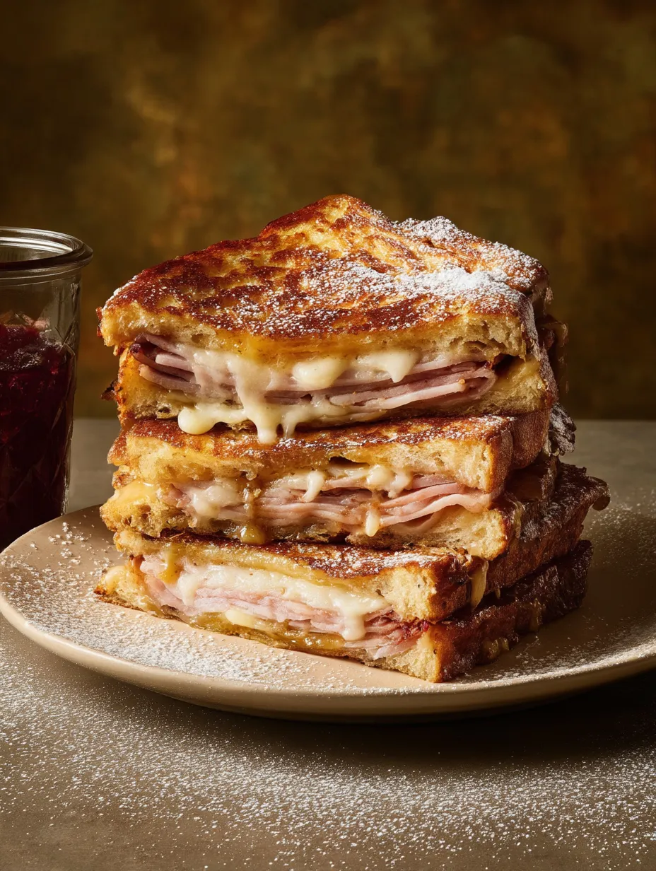Ein Monte Cristo Sandwich gestapelt mit Käse und Schinken.