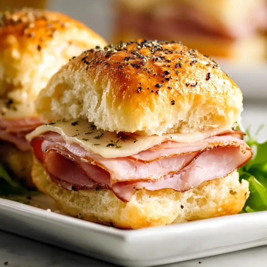 Zwei überbackene Schinken-Käse-Sandwiches auf einem Teller.