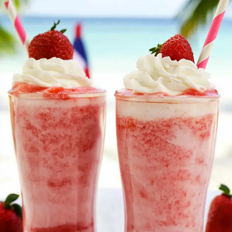 Zwei Erdbeer-Frappuccinos auf einem Tisch.