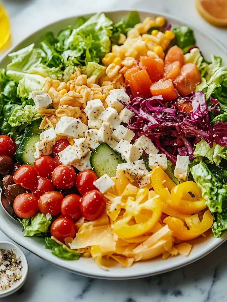 Ein bunter Salat mit Tomaten, Gurken, Käse und weiterem Gemüse.