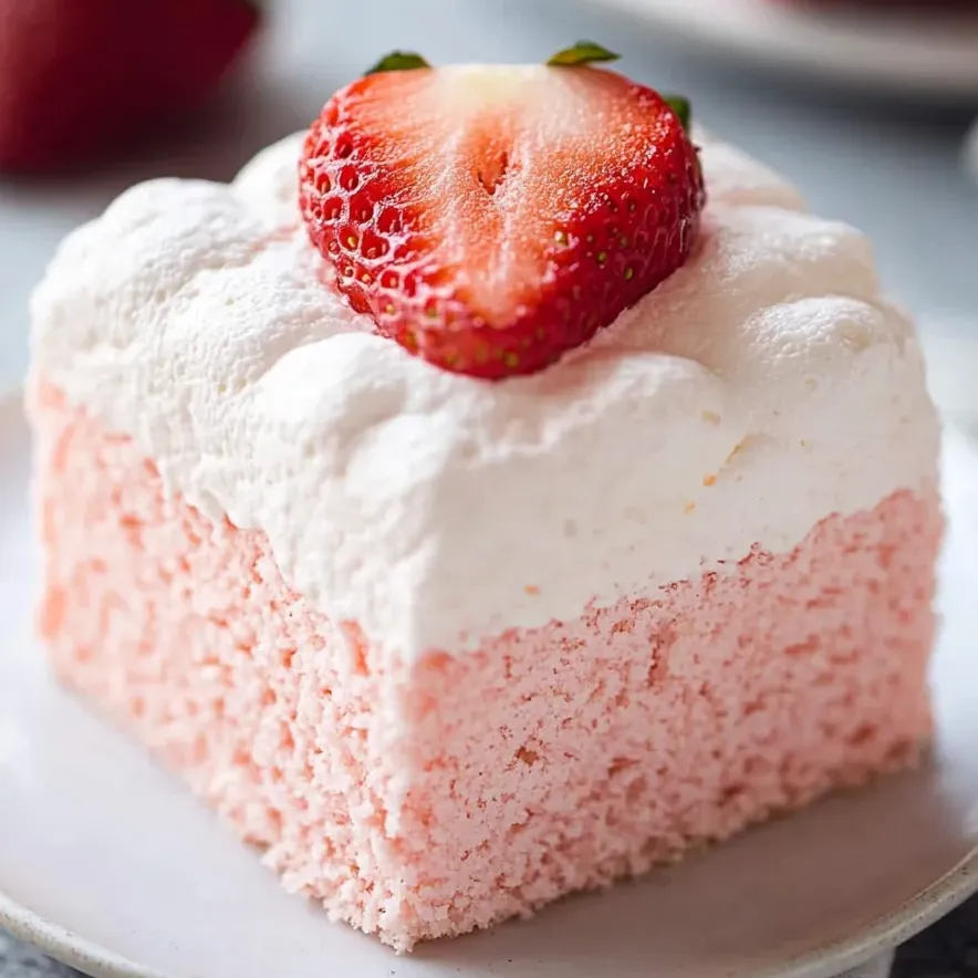 Ein Stück rosa-weiße Creme mit Erdbeere oben drauf.