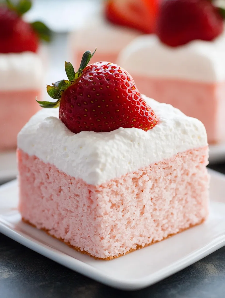 Ein Stück rosa-weißer Kuchen mit einer Erdbeere oben drauf.