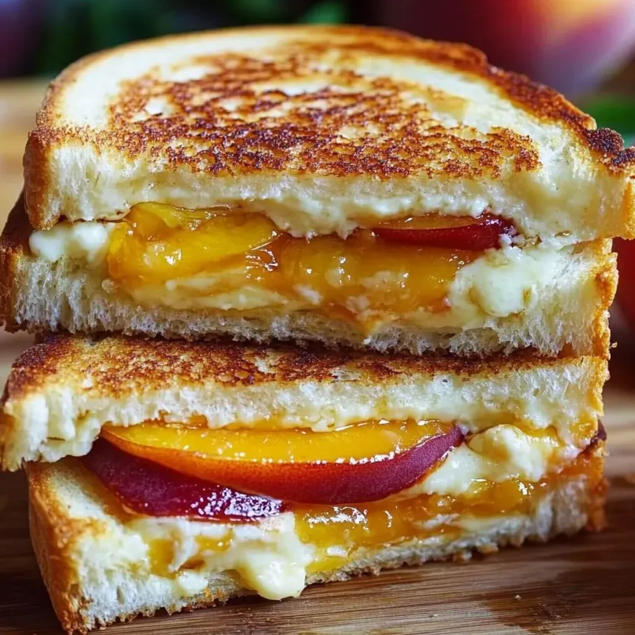 Ein getoastetes Käsebrot mit Pfirsichen und weißem Cheddar.