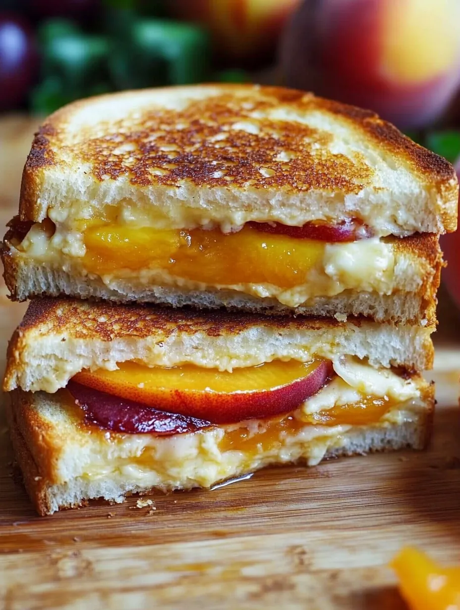 Ein Sandwich mit Pfirsichen und weißem Cheddar-Käse.
