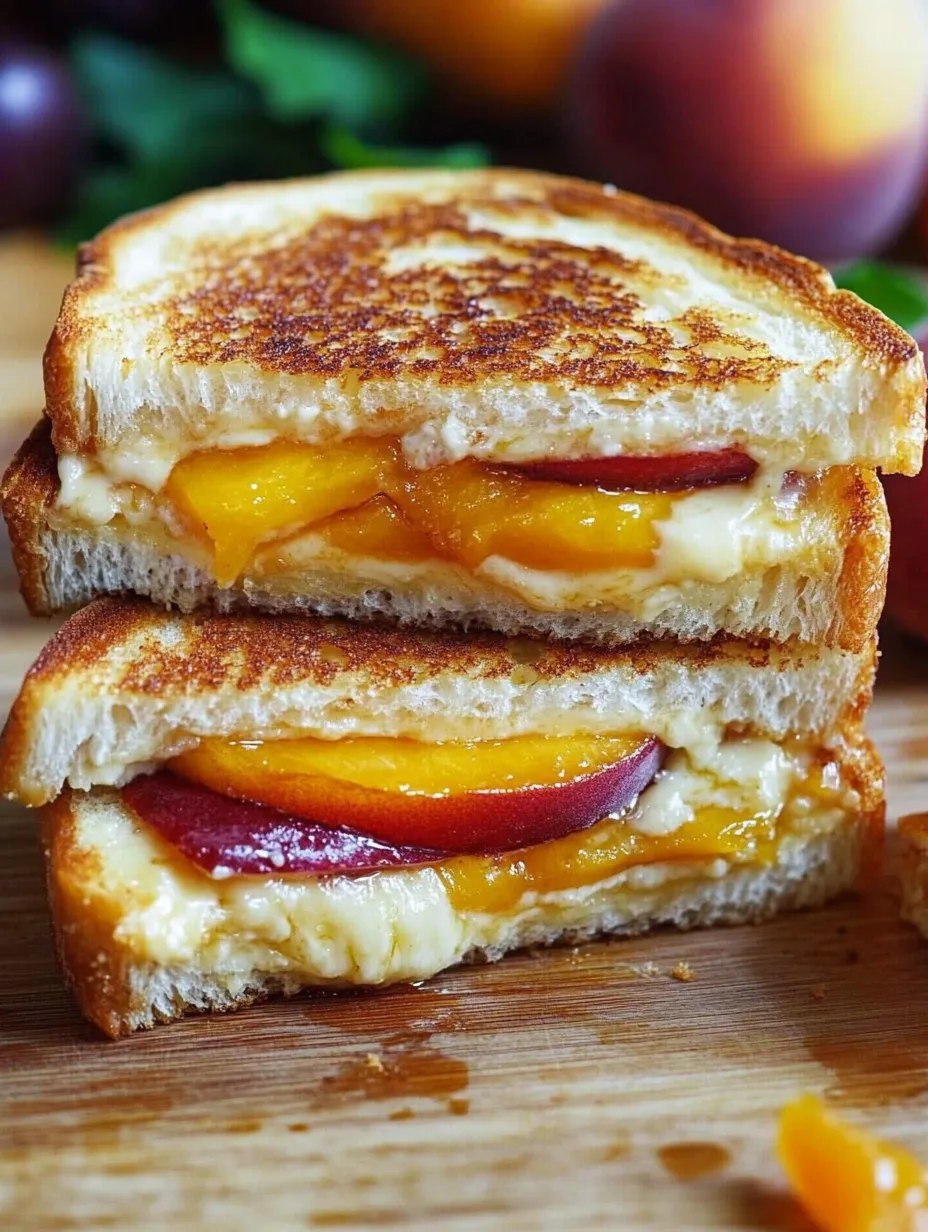 Ein Sandwich mit Pfirsichen und weißem Cheddar-Käse.