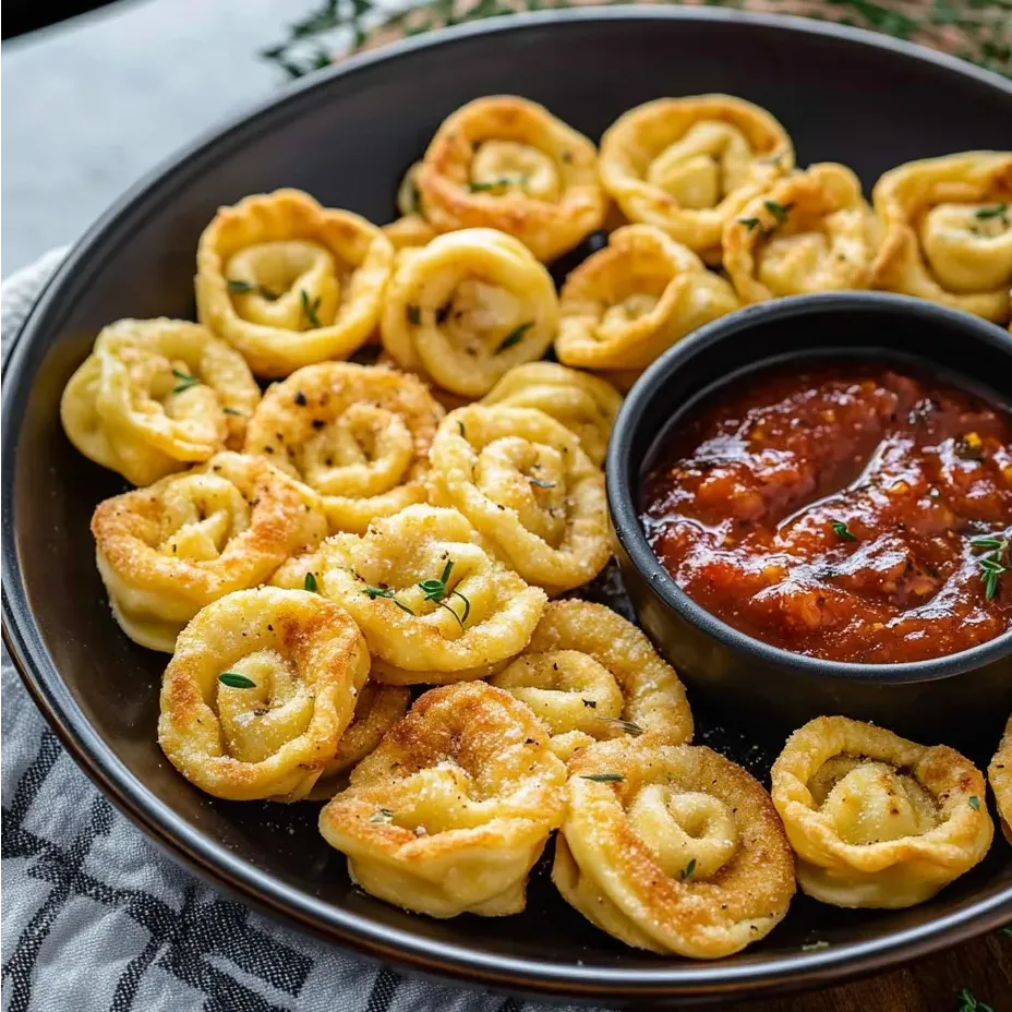 Eine Schüssel knuspriger Airfryer Tortellini mit einem Dipschälchen.