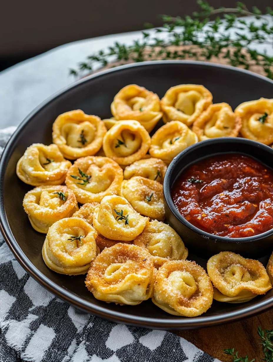 Ein Teller mit knusprigen Tortellini aus der Heißluftfritteuse.