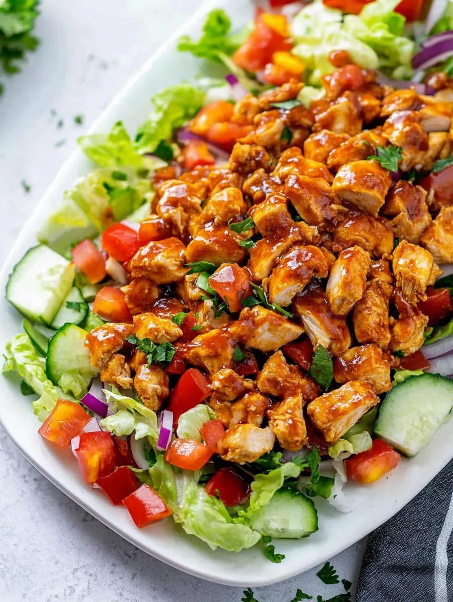 Ein Teller mit Hühnchensalat, Salatblättern und Tomaten.