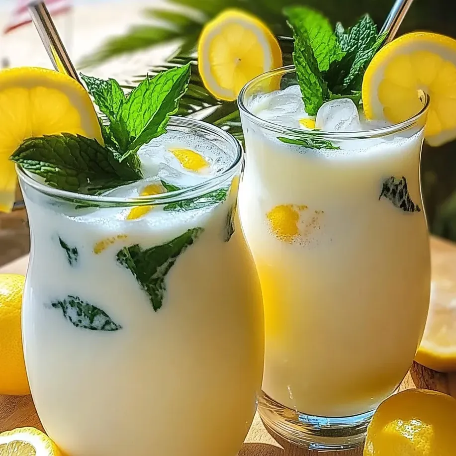 Zwei Gläser kühl-cremige Milch-Zitronenlimonade mit Zitronenspiralen.