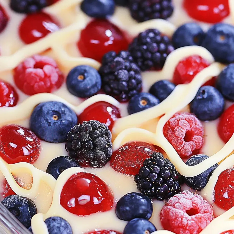Nahaufnahme vom Dessert mit Beeren und Sahne.