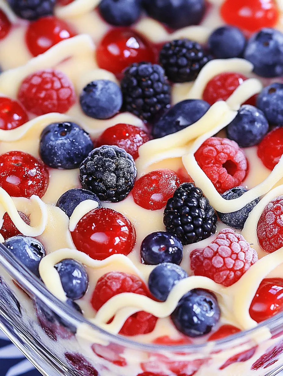 Ein Dessert mit Beeren und Sahne von ganz nah.