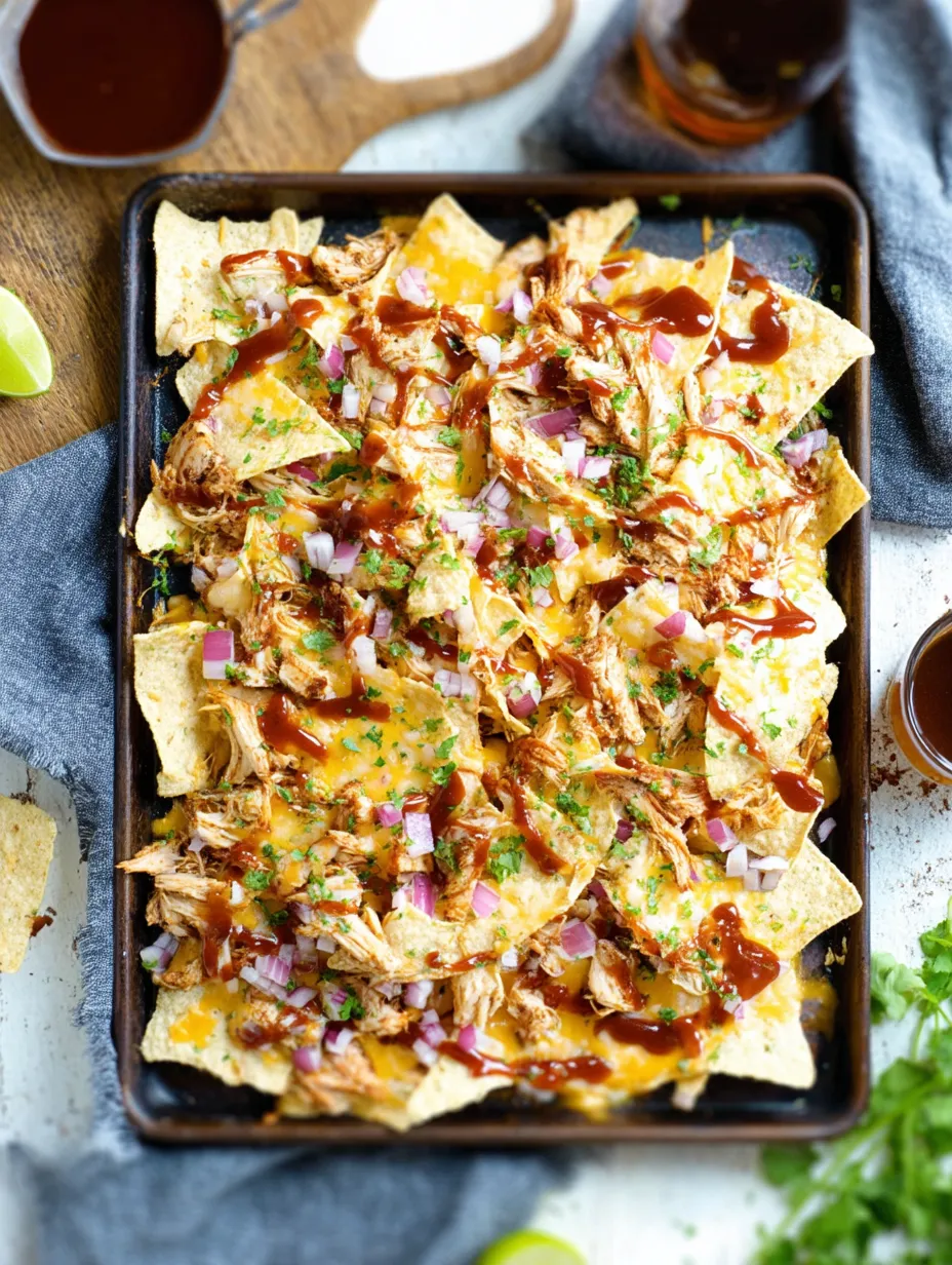 Ein Blech Nachos mit BBQ-Hähnchen und roten Zwiebeln.