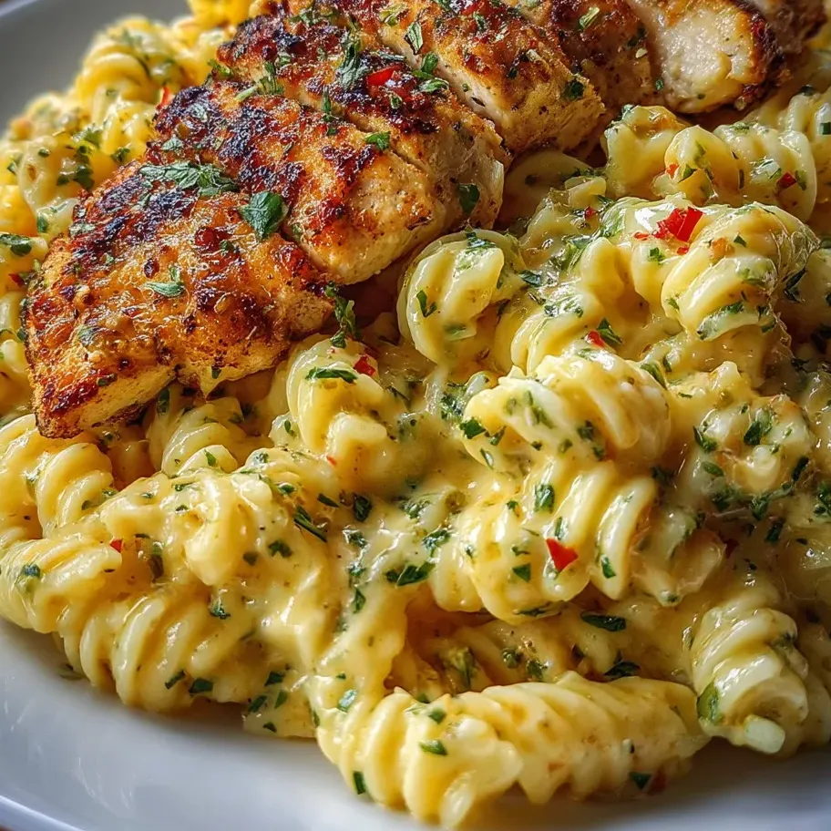 Ein Teller voll Hähnchen und Pasta.