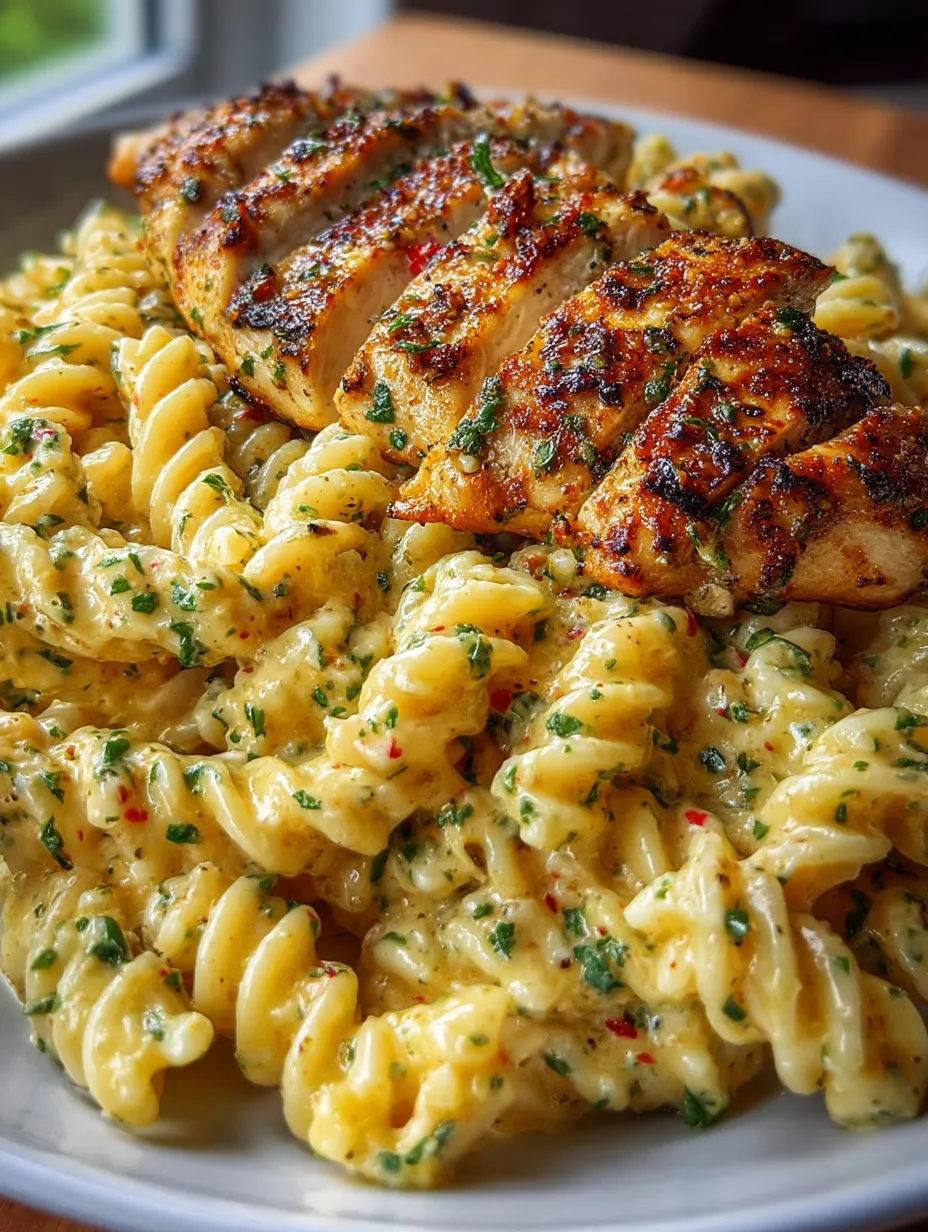 Ein Teller mit Pasta und Hähnchen drauf.