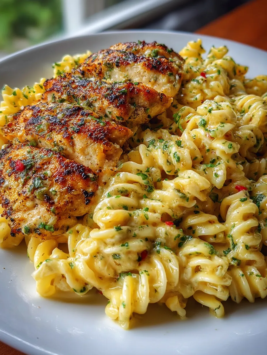 Ein Teller mit Pasta und Hähnchen.