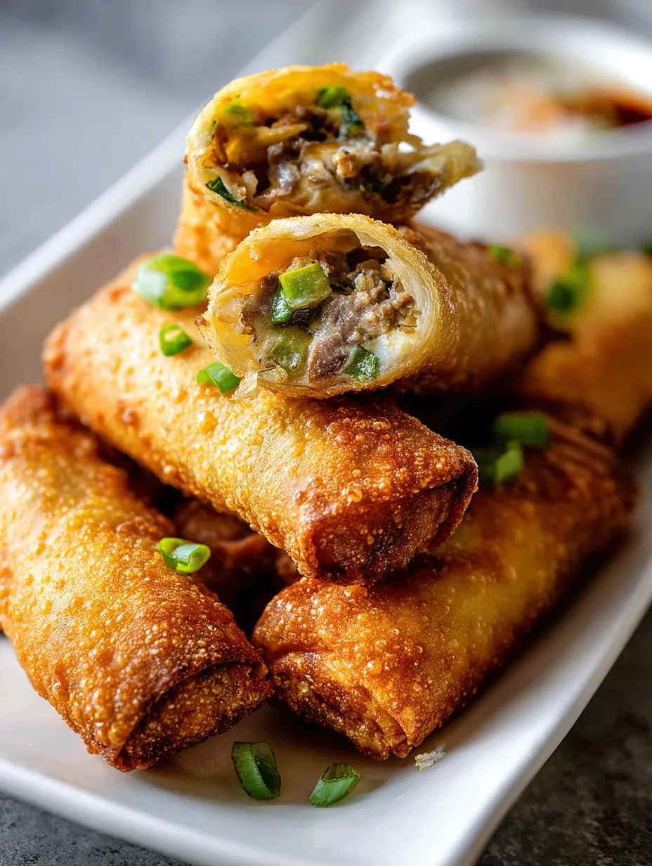 Ein Teller mit einer Philly-Cheesesteak-Eggroll.
