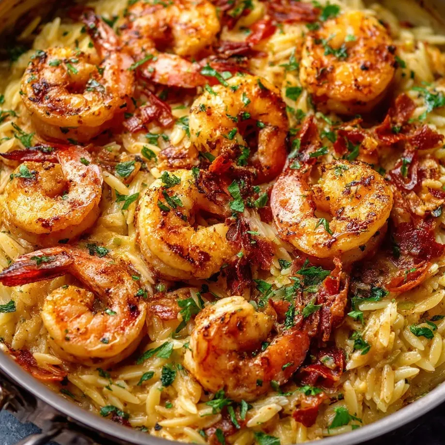 Ein Teller mit Garnelen und Orzo-Pasta.