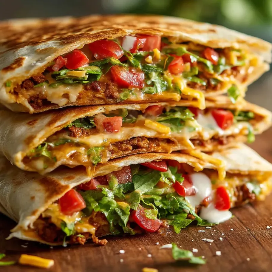 Drei gestapelte knusprige Crunchwraps mit Beef und Käse.