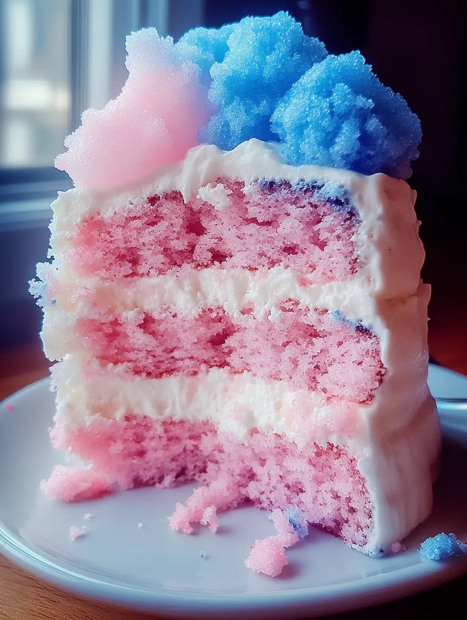 Ein Stück Zuckerwatte-Kuchen mit rosa, weißer und blauer Creme.