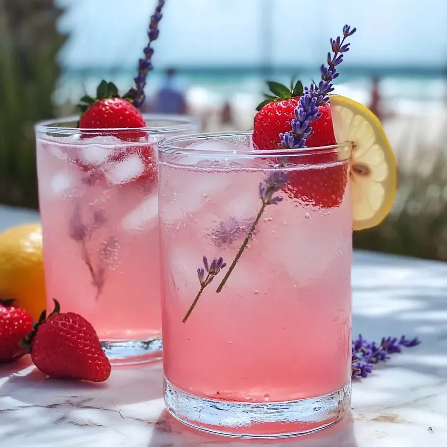 Zwei Gläser pinke Lavendel-Limonade.