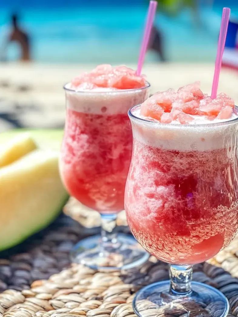Zwei Gläser mit Otai, einem tonganischen Wassermelonengetränk.