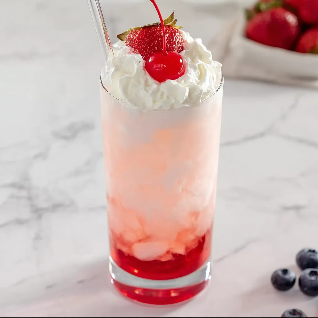 Ein Glas italienische Creme-Limo mit Kirsche obendrauf.