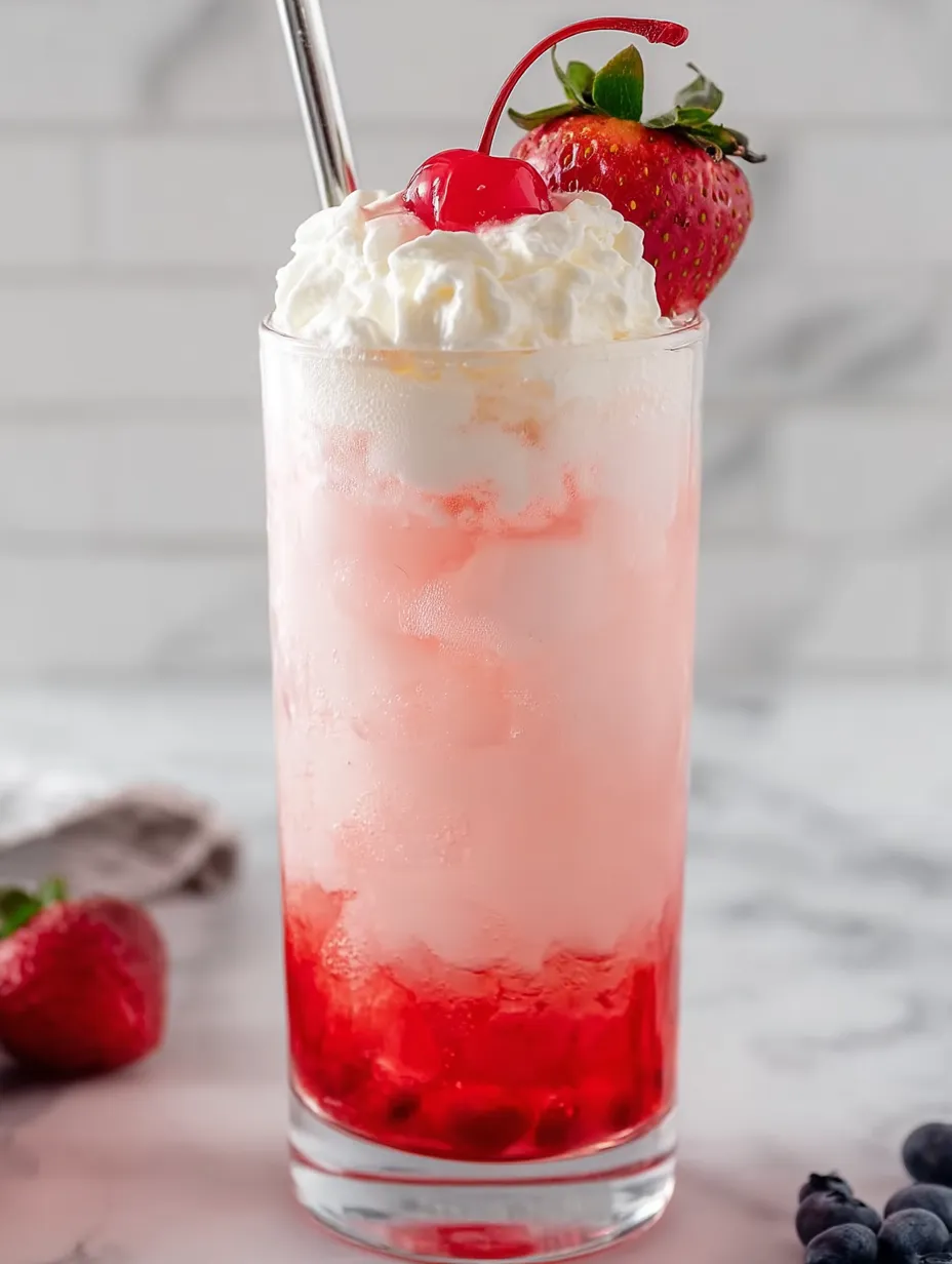 Ein Glas italienische Cremelimo mit Erdbeeren obendrauf.
