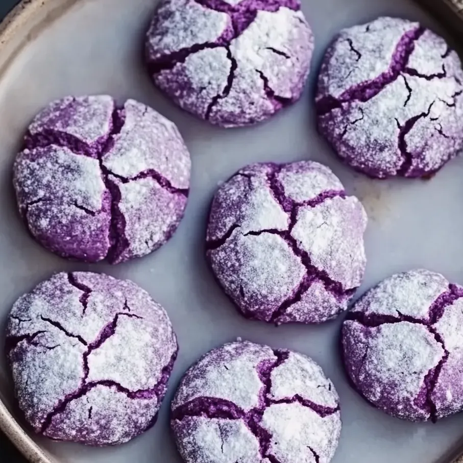 Lila Crinkle-Kekse mit weißem Zuckermantel.