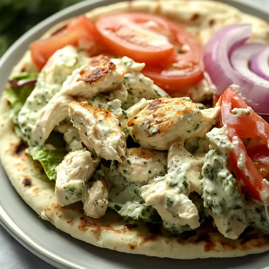 Ein Teller Hähnchensalat mit Tomaten, Zwiebeln und Blattsalat.