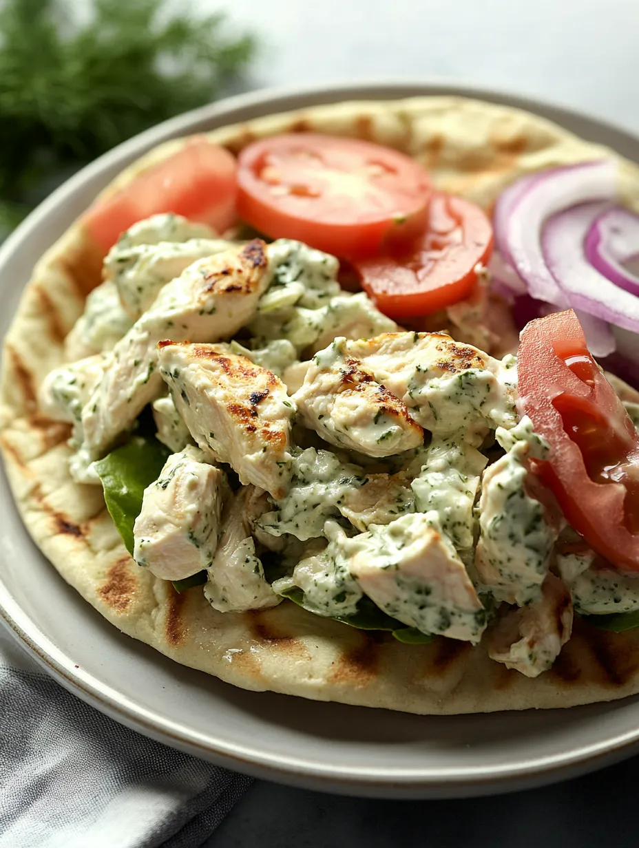 Ein Teller Hähnchensalat mit Tomaten, Zwiebeln und etwas Pita-Brot daneben.