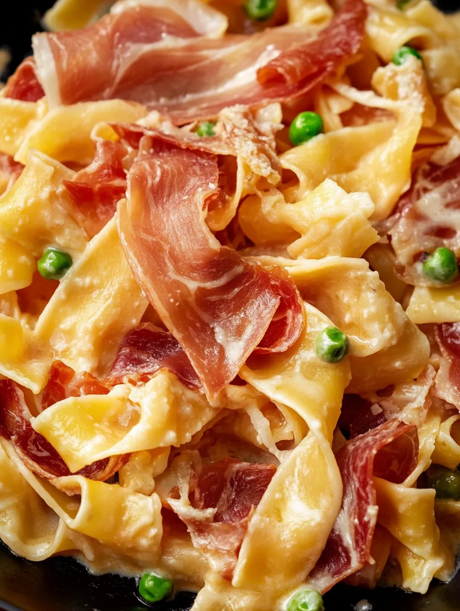 Ein Teller Pasta mit Schinken und Erbsen.