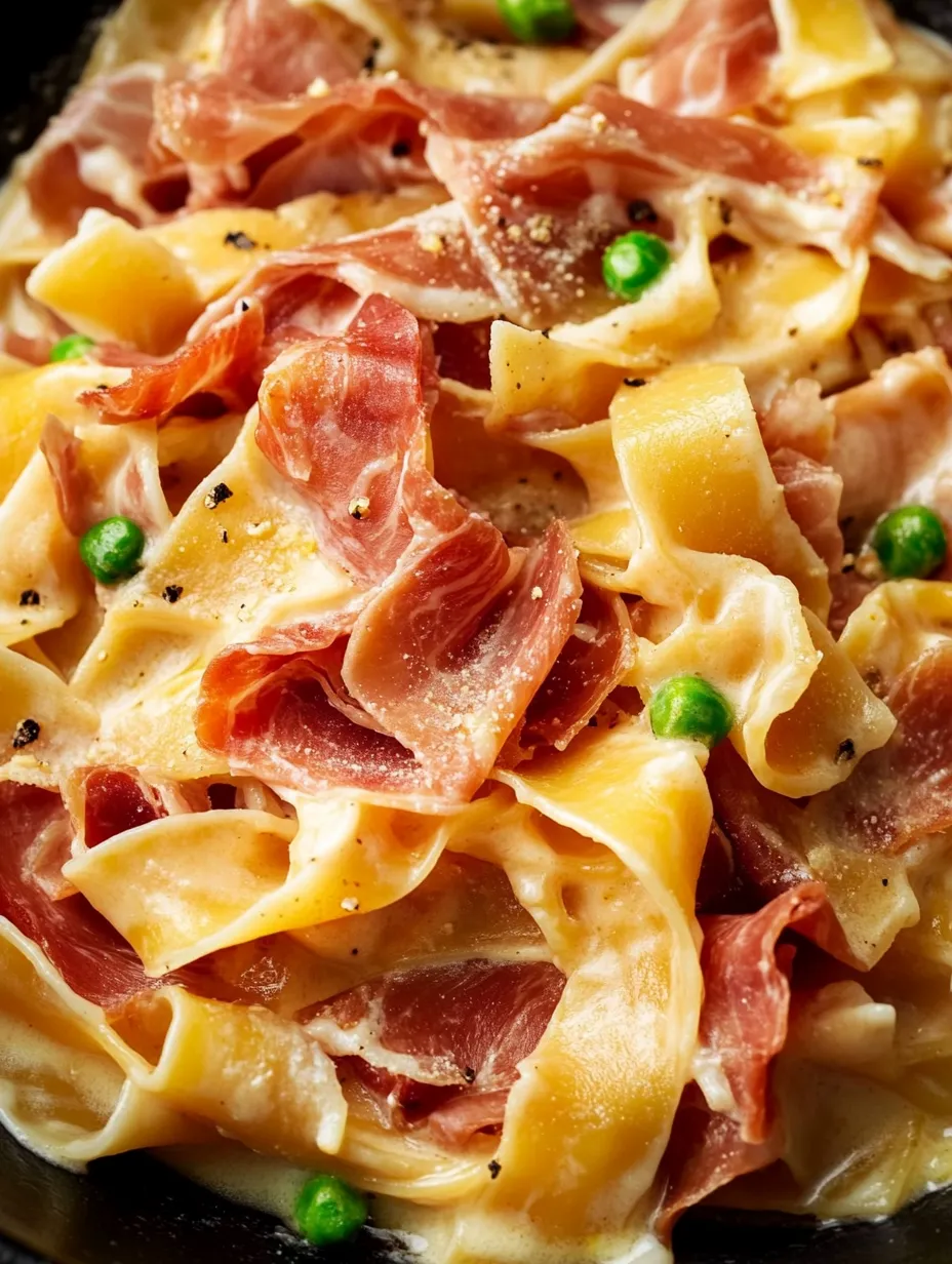 Ein Teller Pasta mit Schinken und Erbsen.