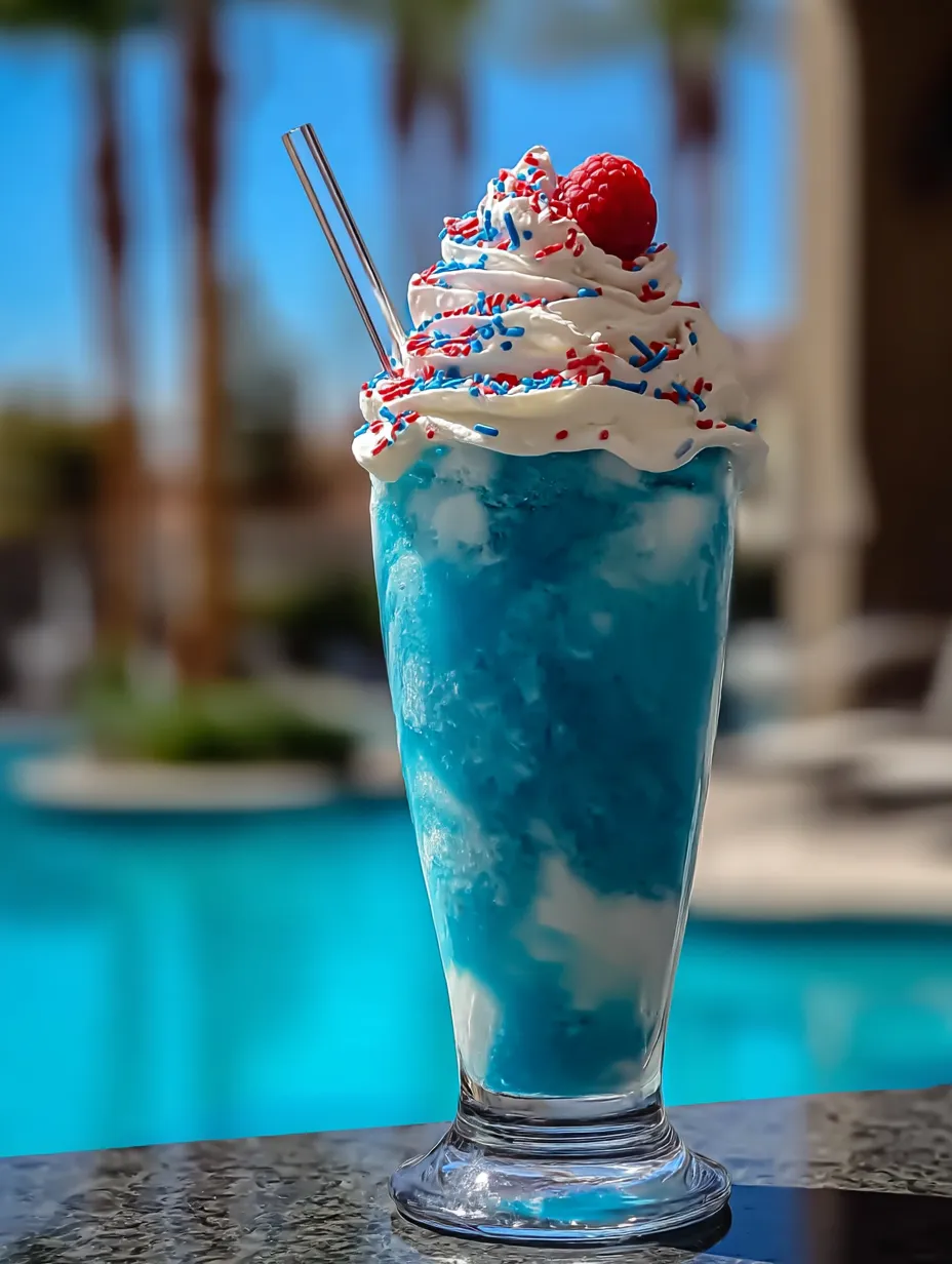 Ein blauer Himbeer-Slush im Glas mit Strohhalm.