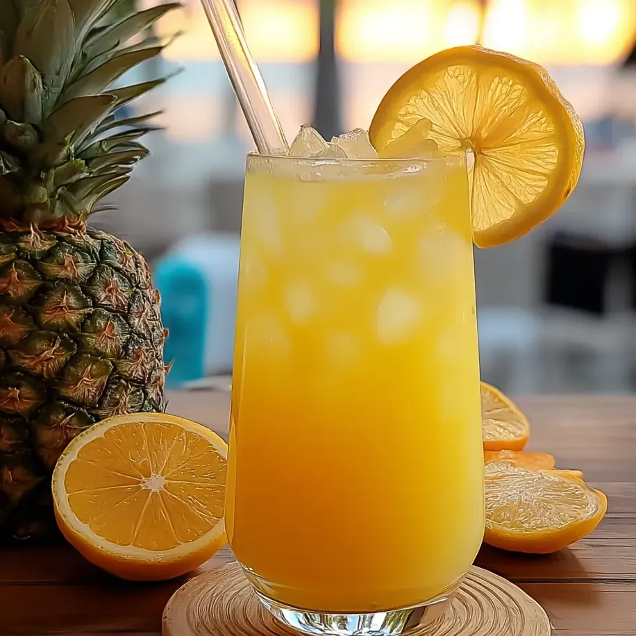 Ein Glas mit Ananas-Zitronenmix steht auf einem Tisch.