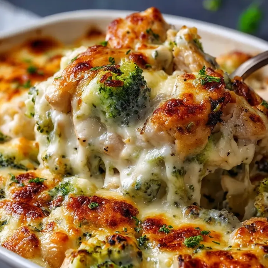 Ein Teller mit Hähnchen Brokkoli Alfredo Auflauf.
