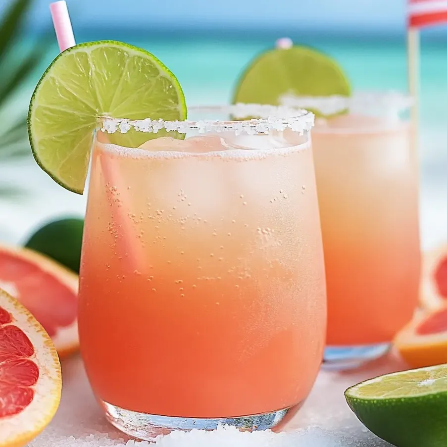 Zwei Gläser mit Paloma Mocktails, dazu Grapefruit und Limette.