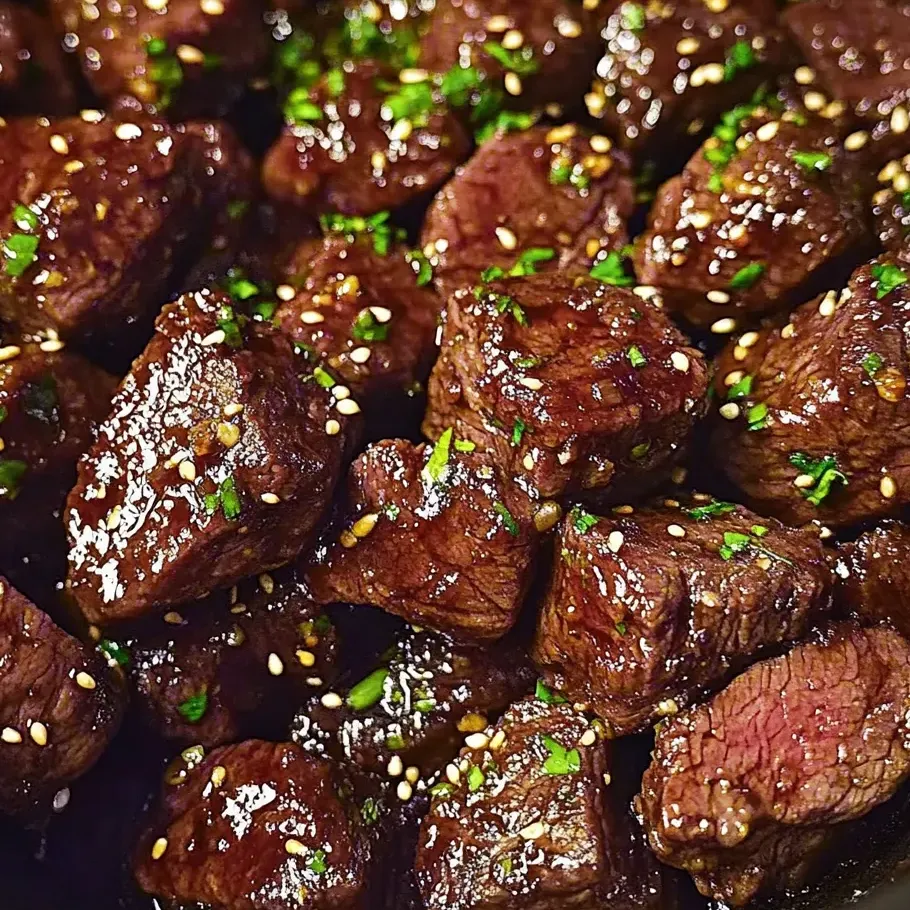 Steakwürfel mit grüner Garnitur, ganz klebrig.