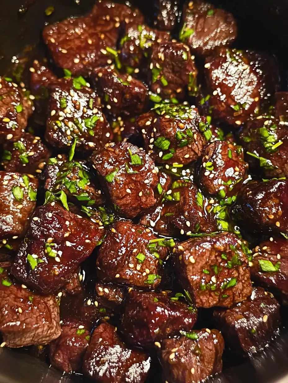 Klebrige Steakstücke mit frischem Grün dekoriert.