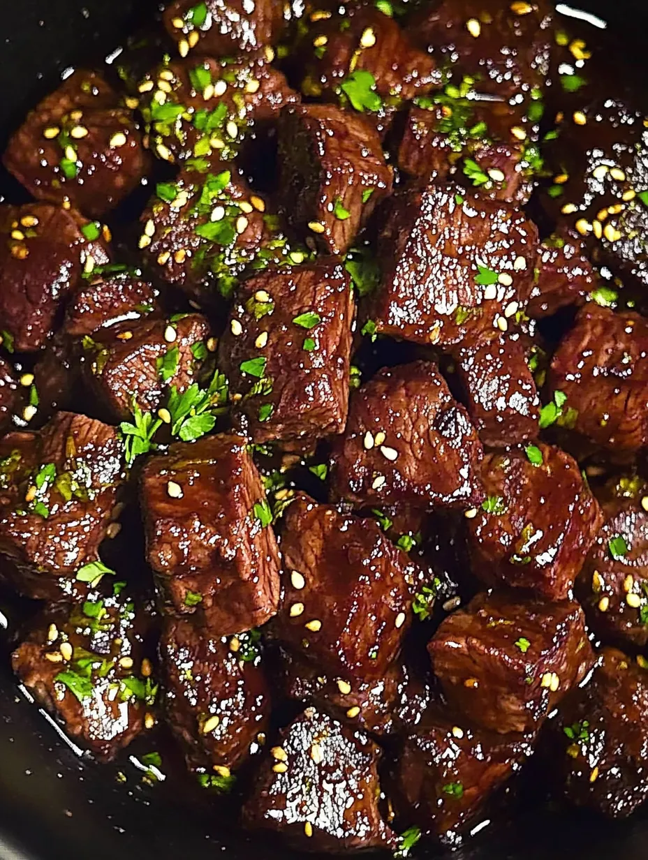 Klebrige Steakstücke mit frischen Kräutern.