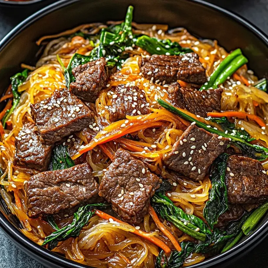 Schüssel Japchae mit viel Gemüse und Beef.