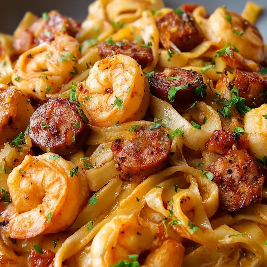 Ein Teller cremige Jamaica Garnelen Pasta.
