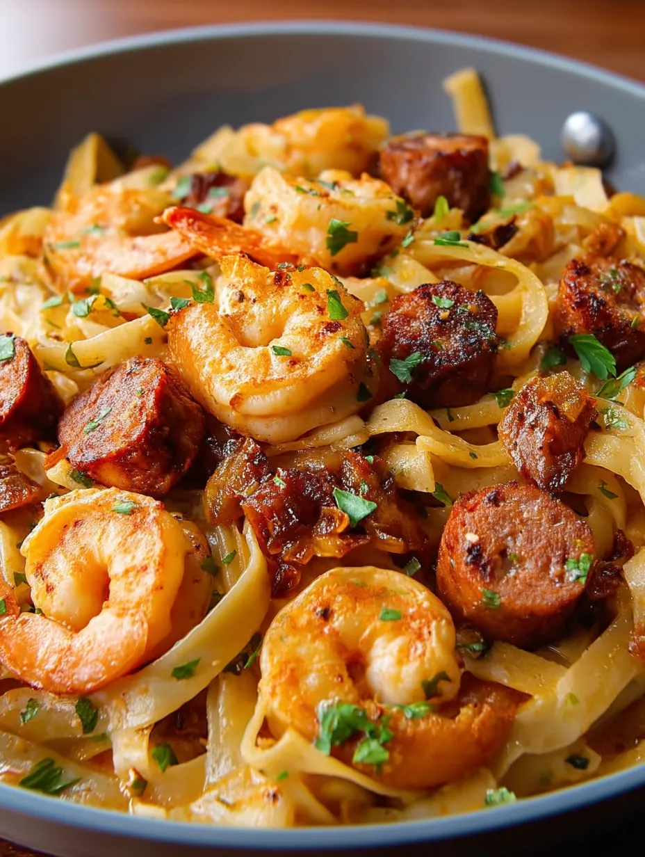 Ein Teller cremige Pasta mit jamaikanischen Garnelen.