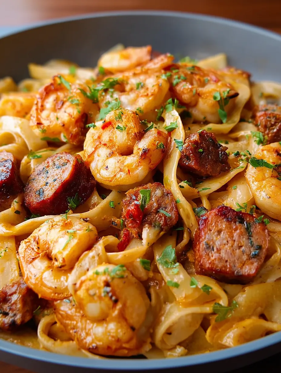Ein Teller mit cremiger Pasta und jamaikanischen Garnelen.
