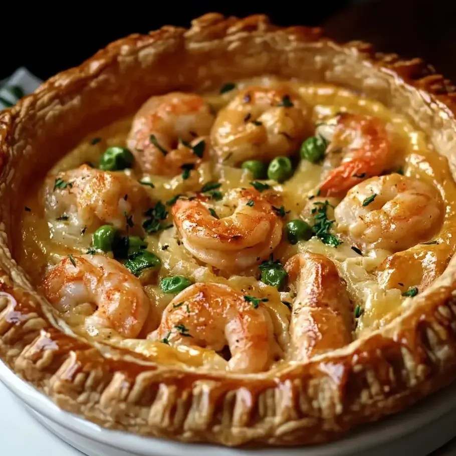 Eine Cajun-Meeresfrüchte-Pie mit Garnelen und Erbsen.