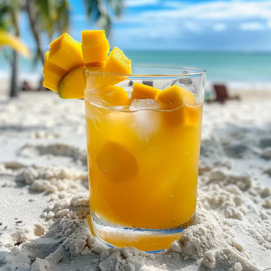 Ein Glas Mango-Zitronengetränk am Strand.