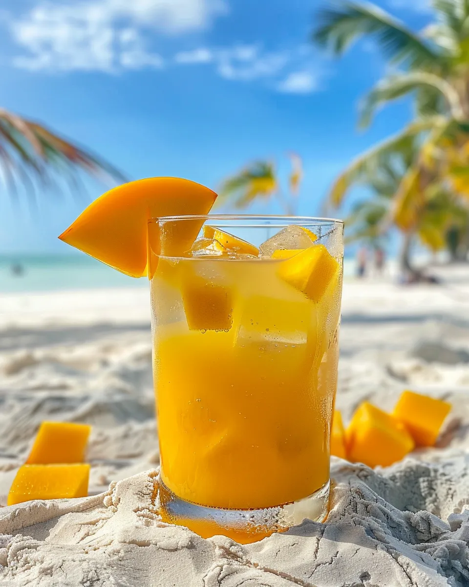 Ein Glas Mango-Limonade am Strand.